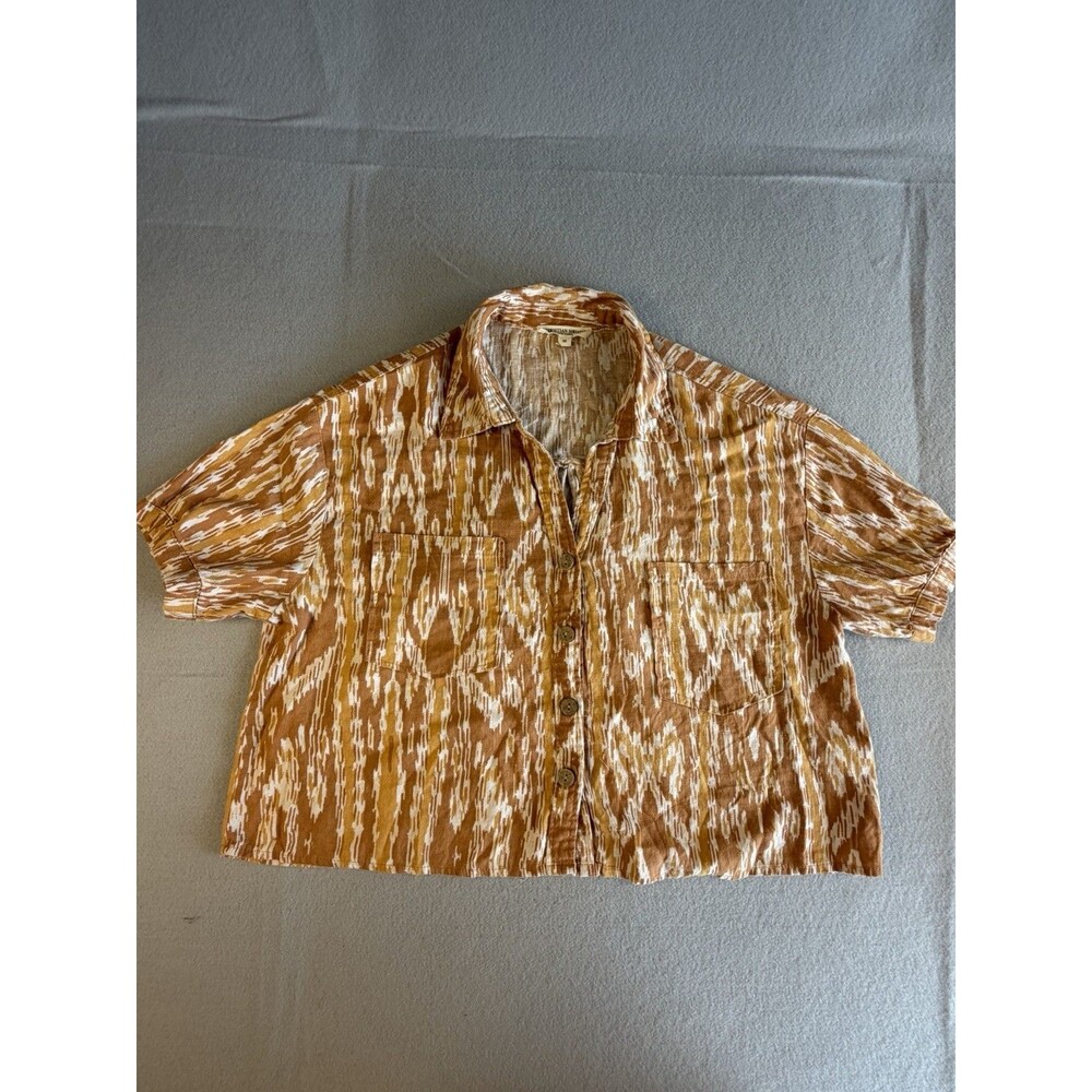 Christian Siriano Brown White Geometric Button-Up Linen Rayon Blouse Women's M